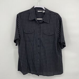 Apparenza Plaid Collared Pockets Short Sleeve Button Down Shirt Black XL